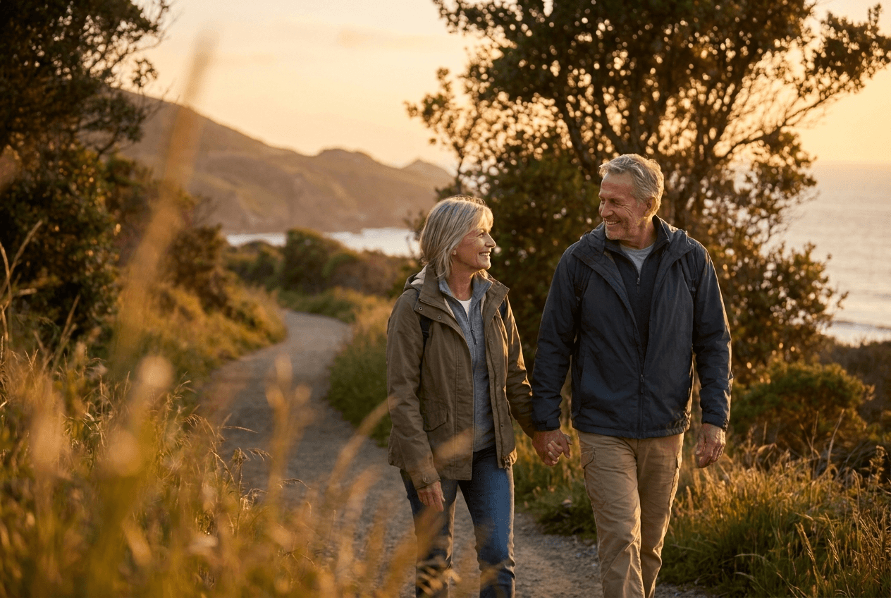 An active older couple walking a coastal trail at sunset