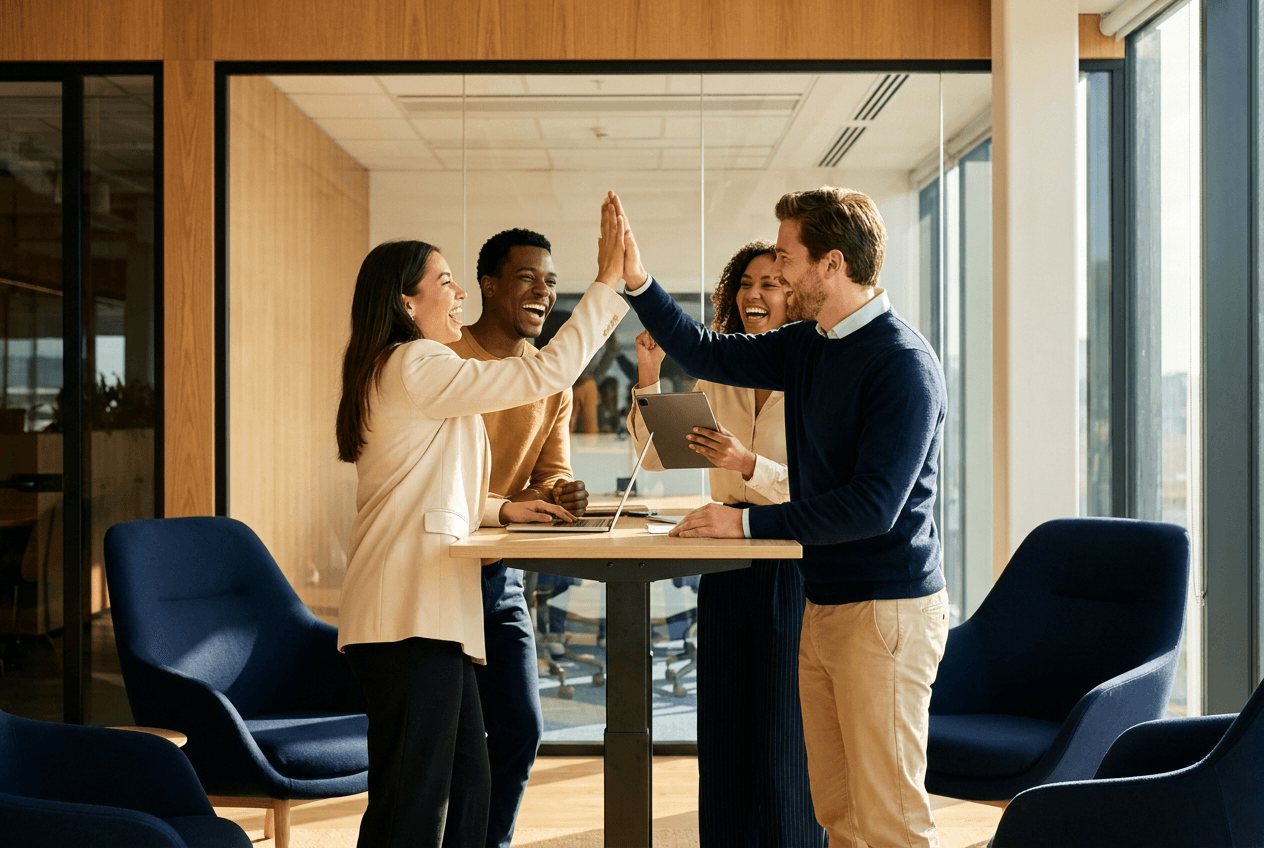 A PHAX team celebrating a win together in the office